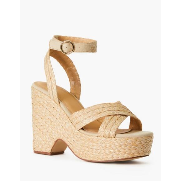 Just Fab Mia Sandals Women Sz 6 Beige Notched Wedge Straps Crisscross Espadrille - Picture 4 of 9